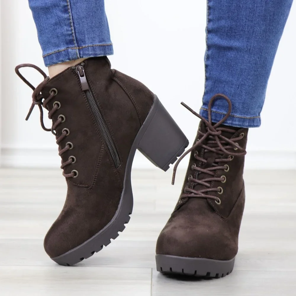 Brown Faux Suede Lace-Up Lug Chunky Block High Heel Ankle Boots - Picture 11 of 12